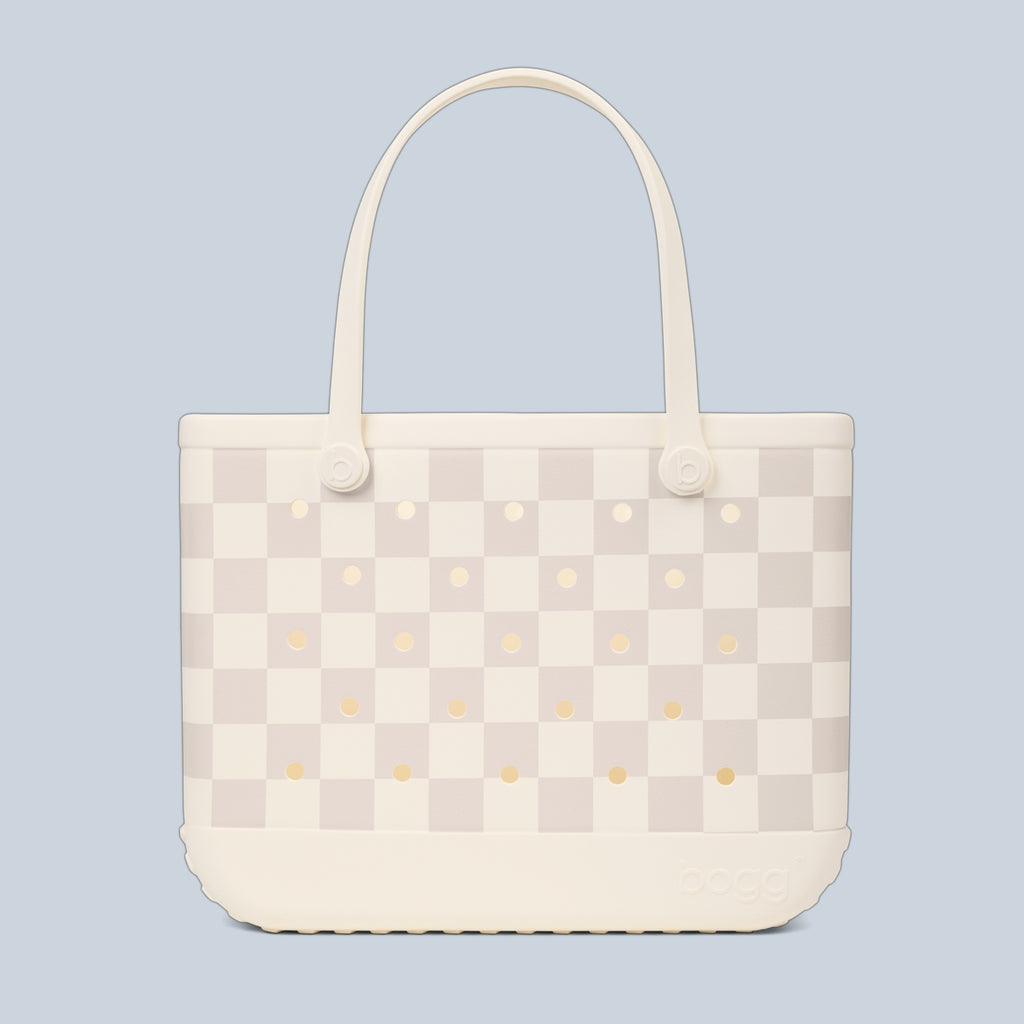 Original Bogg Bag Checkered Coconut/Mushroom Tropical Resort Beach Bag Lightweight Large Capacity Extra Wide Opening for Resort Vacations