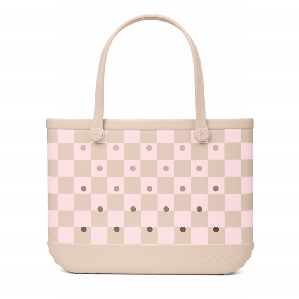 Original Bogg Bag Checkered Linen/ Pink Marshmallow Summer Escape Beach Bag Stylish Tip Resistant Waterproof Phone Pouch Included for Family Trips