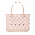 Original Bogg Bag Checkered Linen/ Pink Marshmallow Summer Escape Beach Bag Stylish Tip Resistant Waterproof Phone Pouch Included for Family Trips