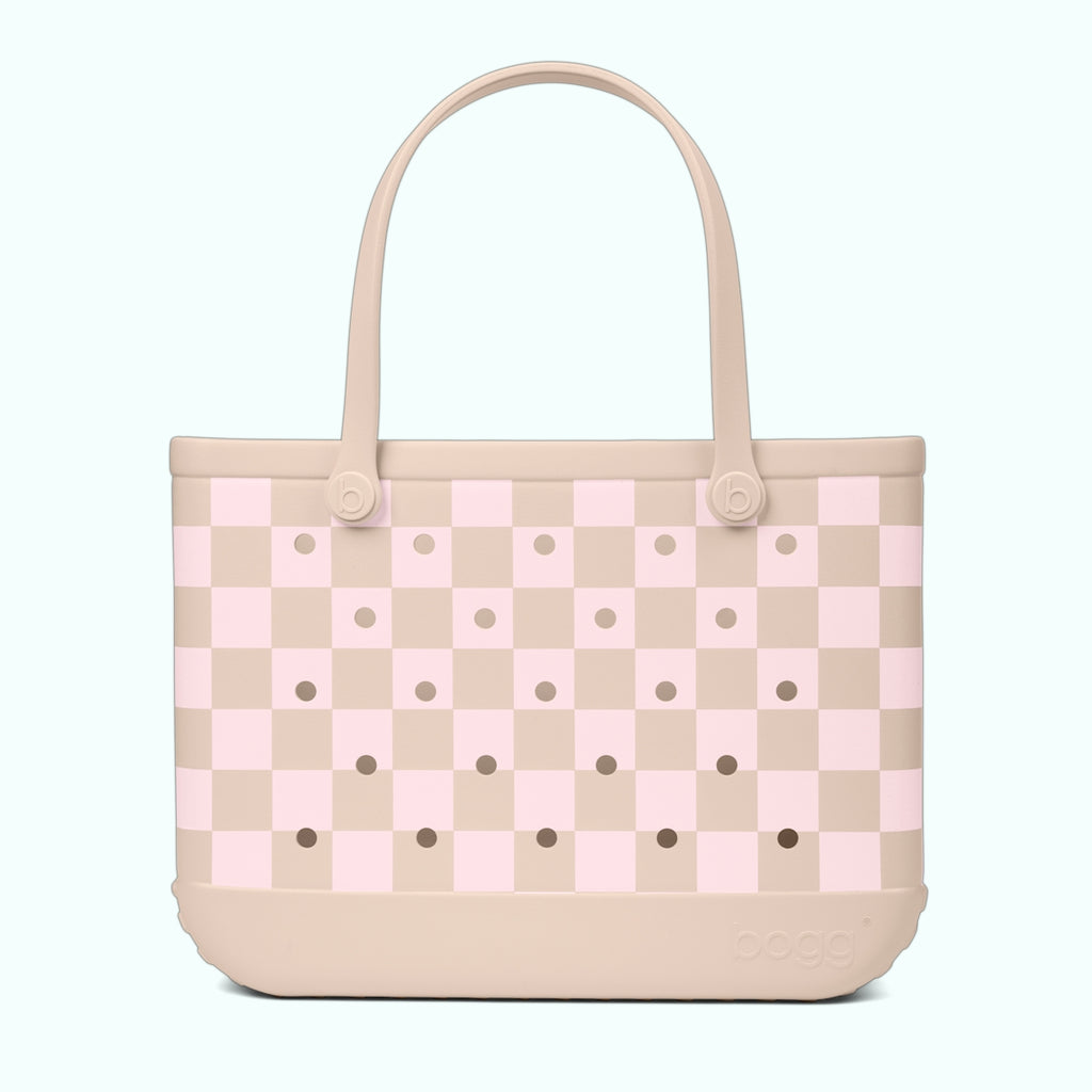 Original Bogg Bag Checkered Linen/ Pink Marshmallow Premium EVA Pool Bag Lightweight Lightweight with Travel Accessory Pouch for Lake Adventures Travel Organizer Vacation Essentials for Women