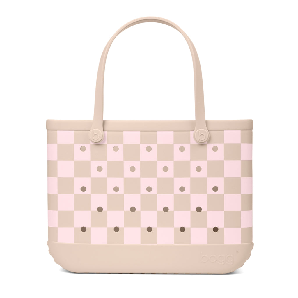 Original Bogg Bag Checkered Linen/ Pink Marshmallow Beach Gear Storage Bag Premium Travel Friendly Reinforced Grip Handles for Outdoor Sports