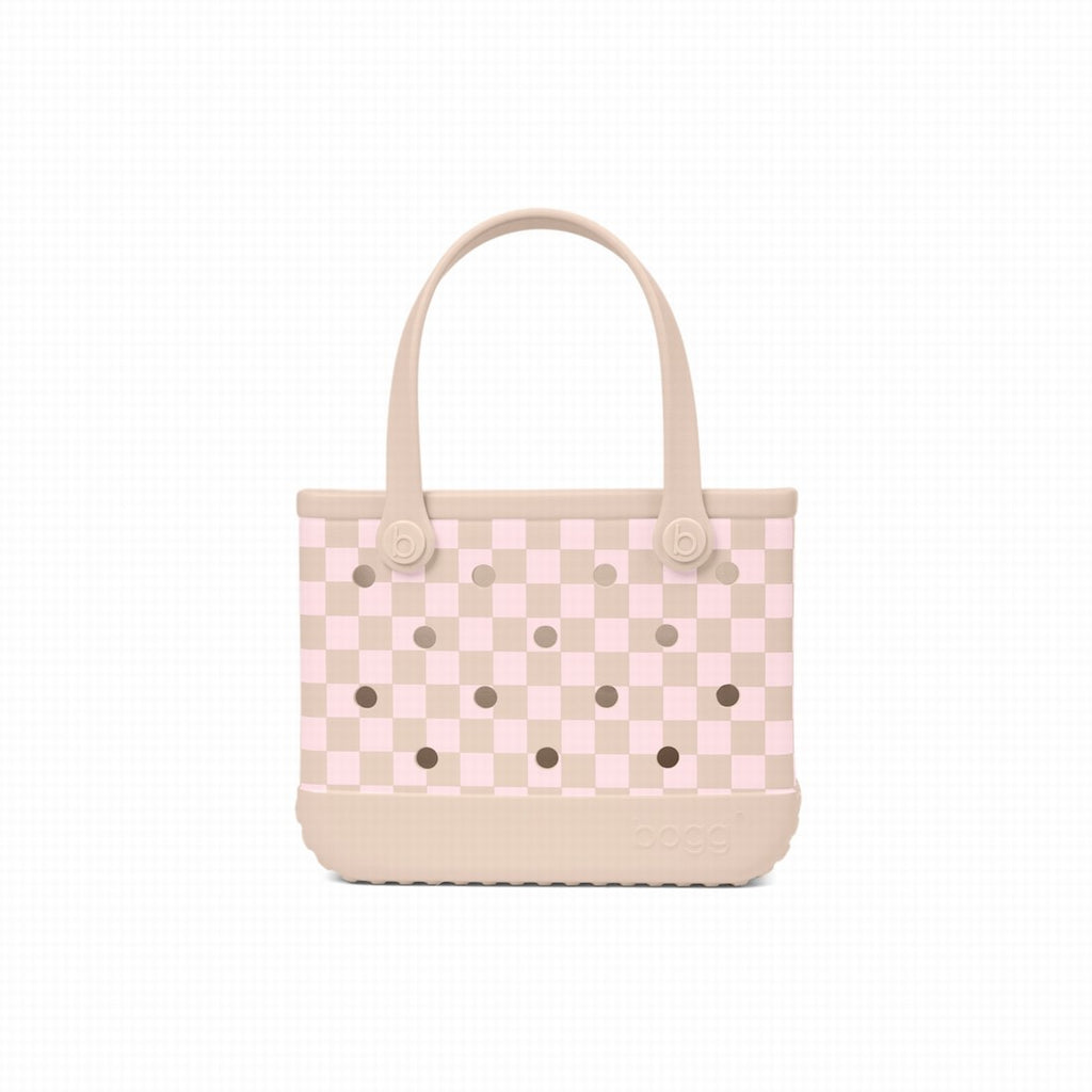 Bitty Bogg Bag Checkered Linen/ Pink Marshmallow Multi Purpose Travel Carryall Waterproof Washable with Reinforced Handles for Camping Trips Travel Organizer Vacation Essentials for Women