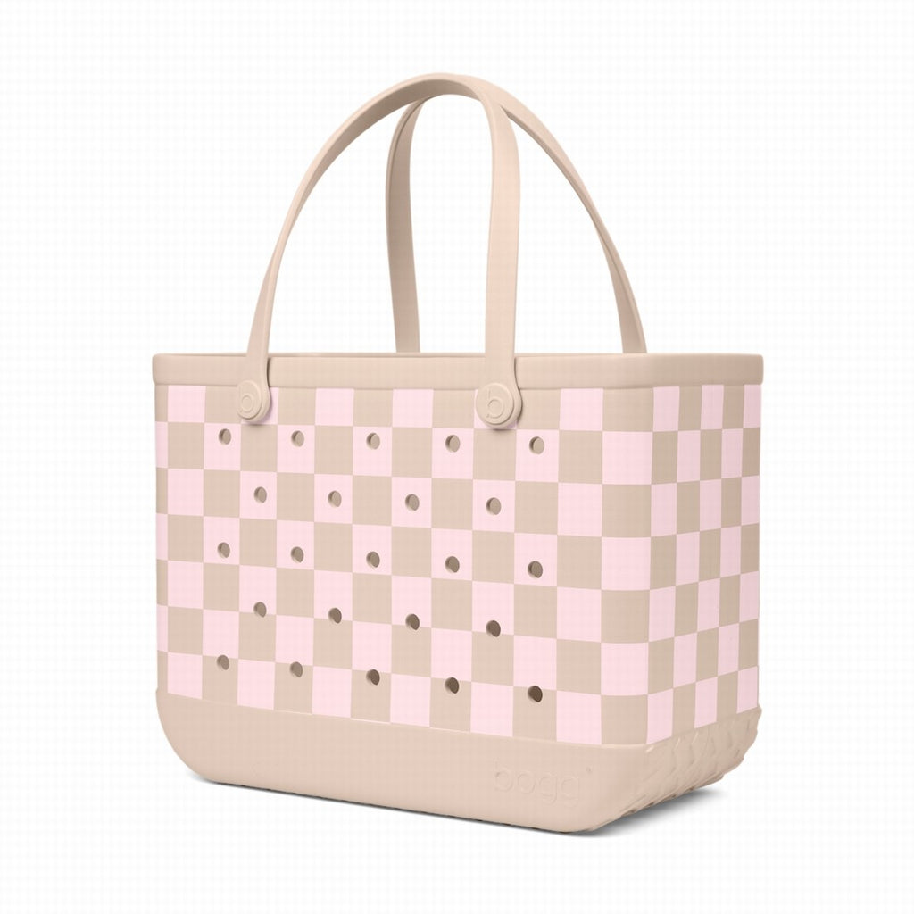 Original Bogg Bag Checkered Linen/ Pink Marshmallow Premium EVA Pool Bag Lightweight Lightweight with Travel Accessory Pouch for Lake Adventures Travel Organizer Vacation Essentials for Women