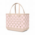 Original Bogg Bag Checkered Linen/ Pink Marshmallow Premium EVA Pool Bag Lightweight Lightweight with Travel Accessory Pouch for Lake Adventures Travel Organizer Vacation Essentials for Women