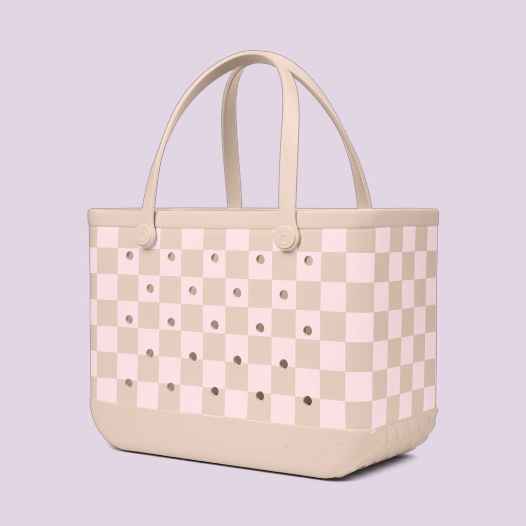 Original Bogg Bag Checkered Linen/ Pink Marshmallow Beach Gear Storage Bag Premium Travel Friendly Reinforced Grip Handles for Outdoor Sports