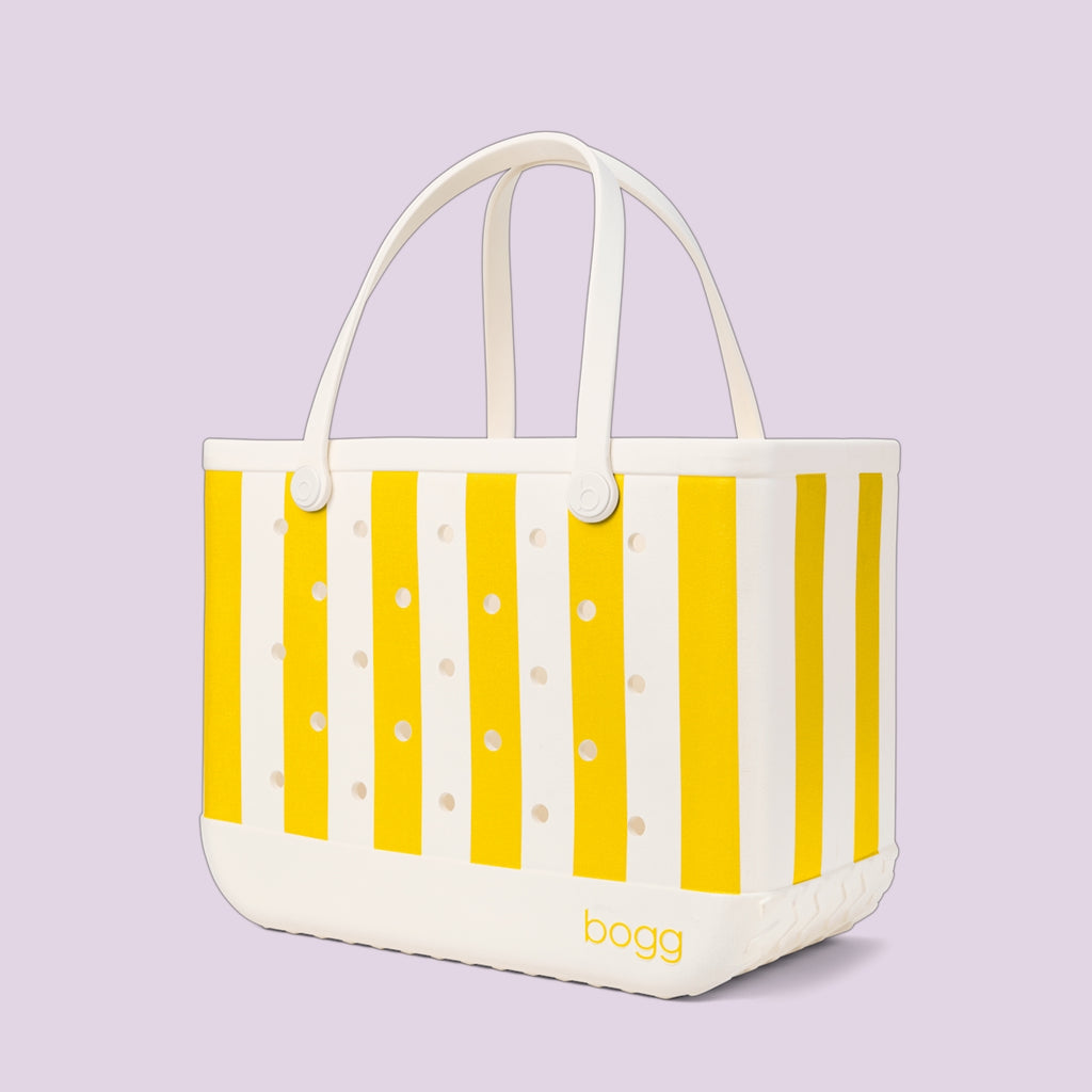 Original Bogg Bag Limoncello Yellow Stripe Oversized Beach Travel Tote Tip Resistant Travel Friendly with Makeup Bag for Yacht Excursions Travel Organizer Vacation Essentials for Women