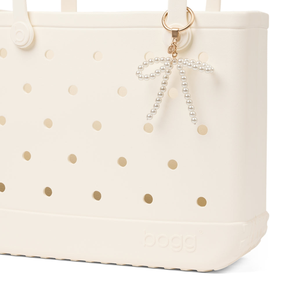 Bogg'd & Charmed White Pearl Bow Easy Clean Rubber Tote Lightweight Travel Friendly with Waterproof Phone Pouch for Yacht Excursions Travel Organizer Vacation Essentials for Women
