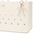 Bogg'd & Charmed White Pearl Bow Easy Clean Rubber Tote Lightweight Travel Friendly with Waterproof Phone Pouch for Yacht Excursions Travel Organizer Vacation Essentials for Women